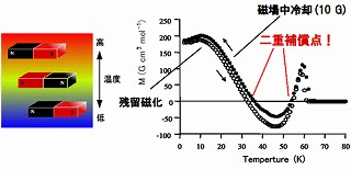 熱により磁極が二回反転する磁性体（二重補償点磁性）