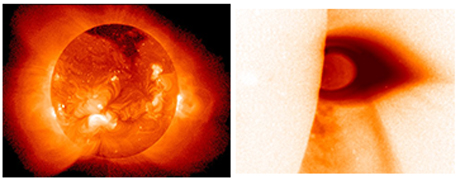 （左）「ようこう」衛星が観測した太陽コロナ、（右）「ひので」衛星の捉えた巨大太陽フレア